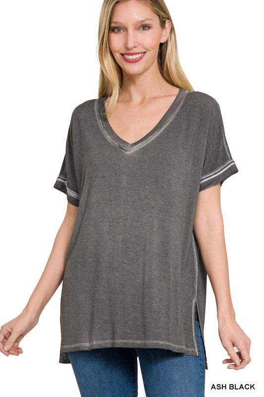 Washed Short Sleeve V-Neck Top W/ Hi-Low Hem - Jake J Shop