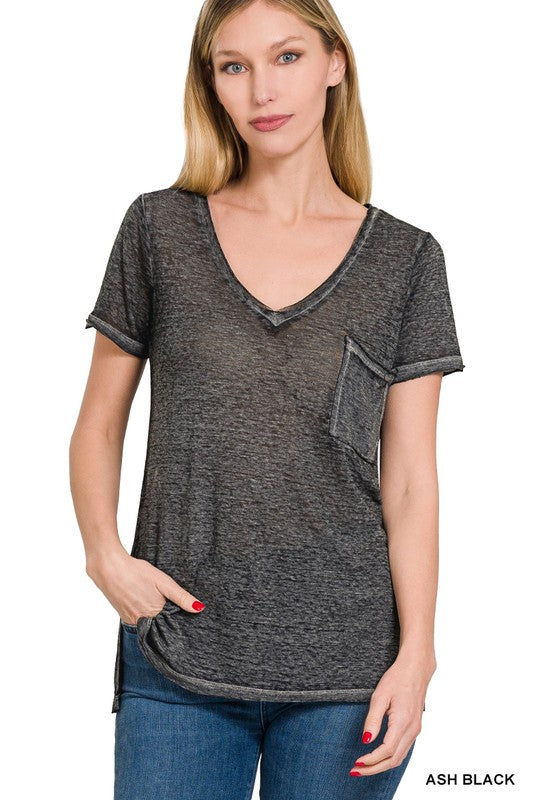 Washed Melange Burnout Scoop V-Neck Top - Jake J Shop