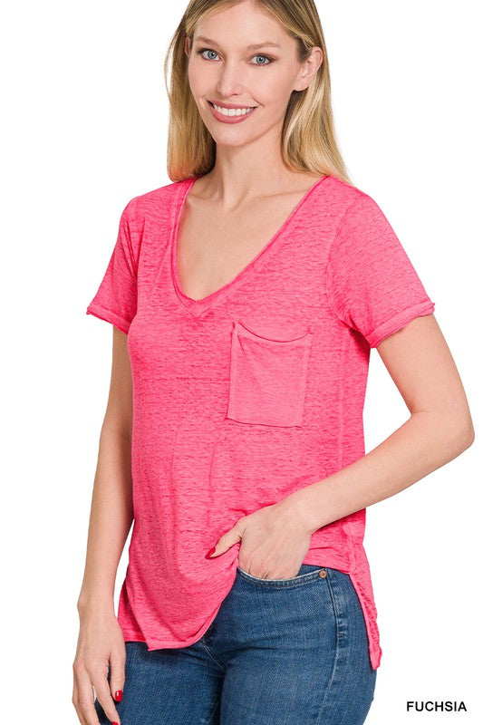 Washed Melange Burnout Scoop V-Neck Top - Jake J Shop