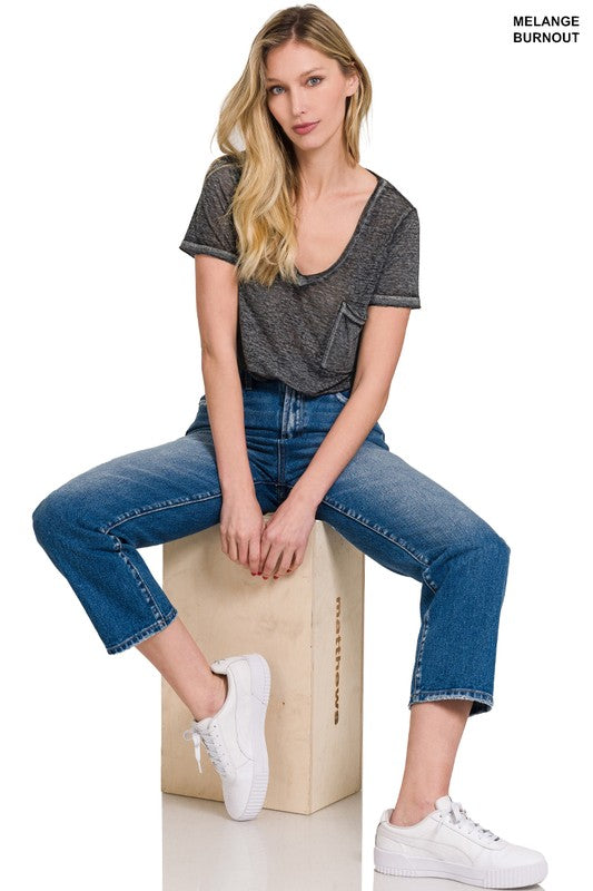 Washed Melange Burnout Scoop V-Neck Top - Jake J Shop