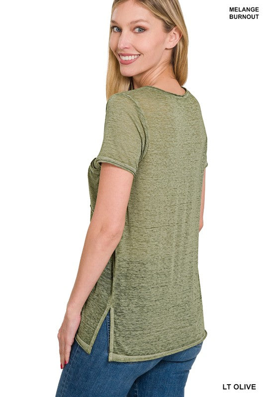 Washed Melange Burnout Scoop V-Neck Top - Jake J Shop