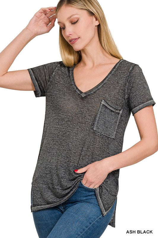 Washed Melange Burnout Scoop V-Neck Top - Jake J Shop