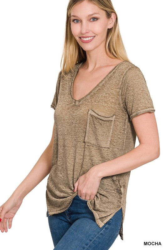 Washed Melange Burnout Scoop V-Neck Top - Jake J Shop