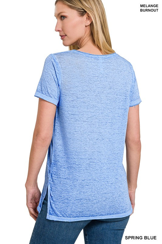 Washed Melange Burnout Scoop V-Neck Top - Jake J Shop