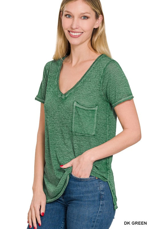 Washed Melange Burnout Scoop V-Neck Top - Jake J Shop