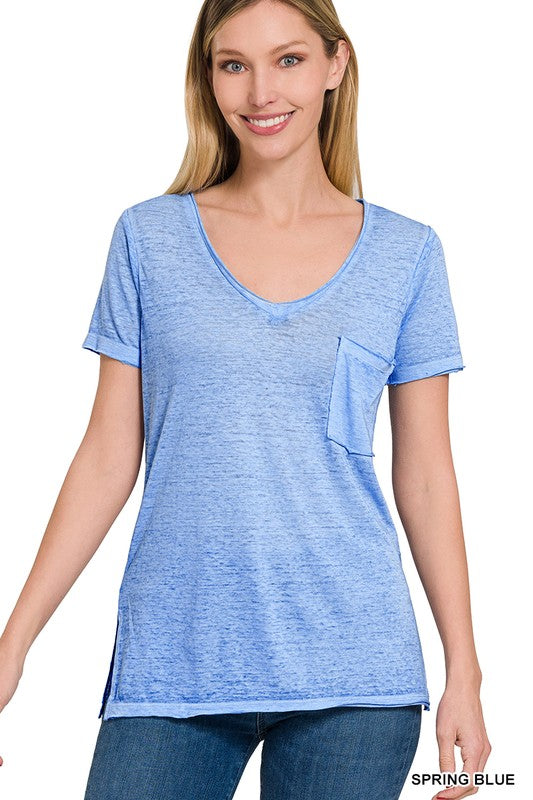 Washed Melange Burnout Scoop V-Neck Top - Jake J Shop