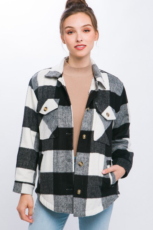 Plaid Button Down Jacket with Front Pocket Detail - Jake J Shop