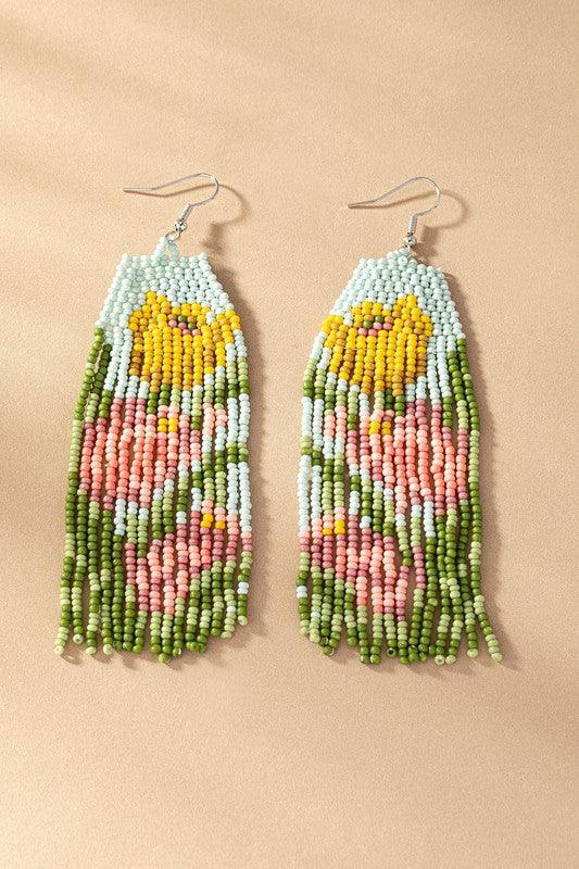 pink and yellow flowers seed bead drop earrings - Jake J Shop