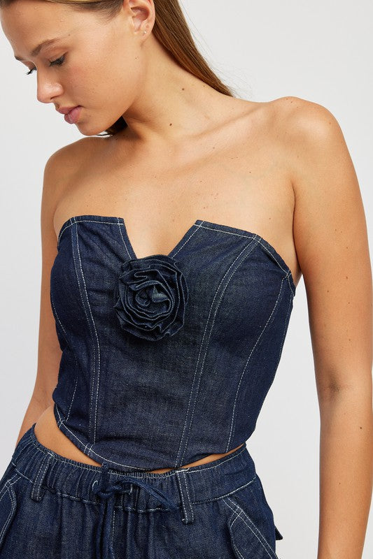 DENIM CORSET TUBE TOP WITH ROSETTE DETAIL - Jake J Shop