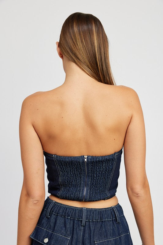 DENIM CORSET TUBE TOP WITH ROSETTE DETAIL - Jake J Shop