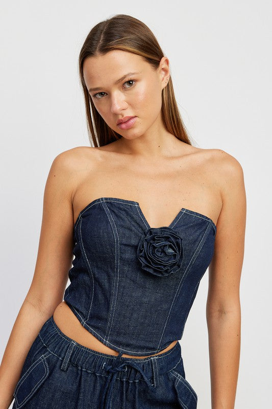 DENIM CORSET TUBE TOP WITH ROSETTE DETAIL - Jake J Shop