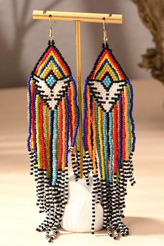 6.5 inch Aztec seed bead statement drop earrings - Jake J Shop