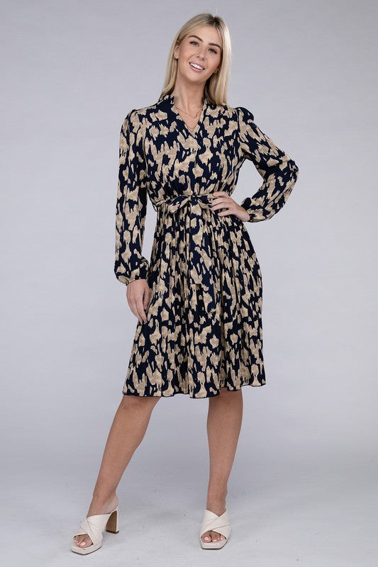 Allover Print Pleated Belted Dress