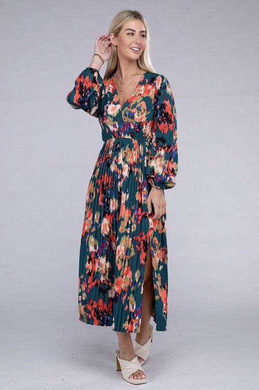 Floral Satin Pleated Maxi Dress - Jake J Shop