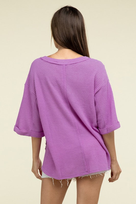 Brushed Waffle Exposed-Seam 3/4 Sleeve Top