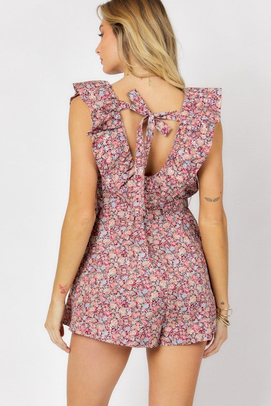 Printed Button Down V-Neck Mini Romper - Jake J Shop