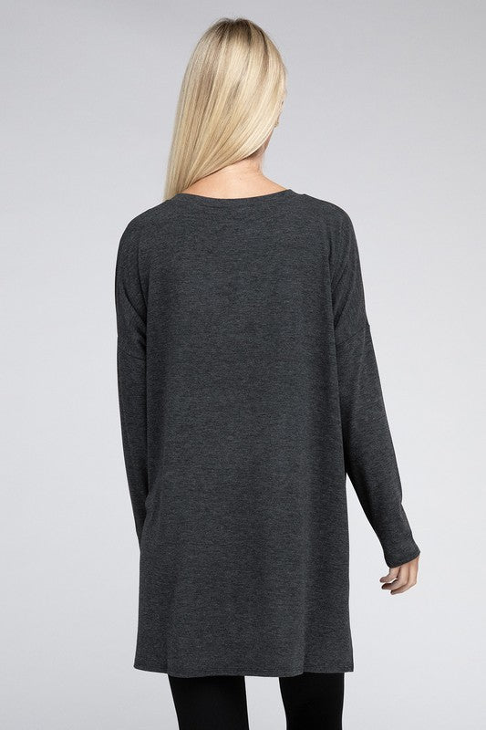 Dolman Long Sleeve V-Neck Side Slit Hi-Low Hem Top