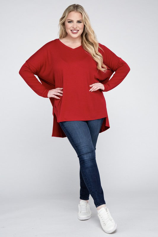 Plus Dolman Sleeve V-Neck Side Slit Hi-Low Hem Top