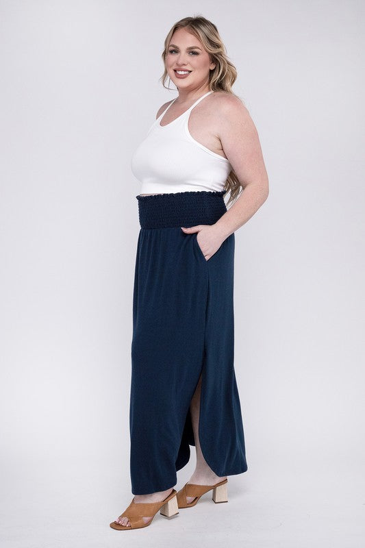 ZENANA Summer Women Plus Size Maxi Skirt w/ Pockets Smocked Waist Side Slit