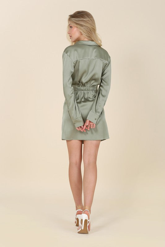 Satin collared wrap mini dress - Jake J Shop