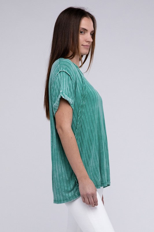 Ribbed Raglan Dolman Sleeve Boat-Neck Top