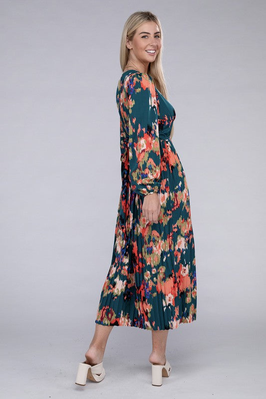 Floral Satin Pleated Maxi Dress - Jake J Shop