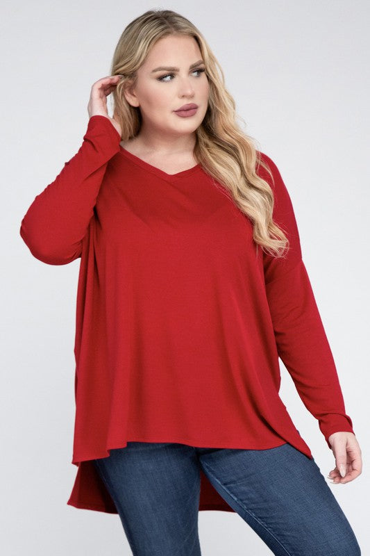 Plus Dolman Sleeve V-Neck Side Slit Hi-Low Hem Top