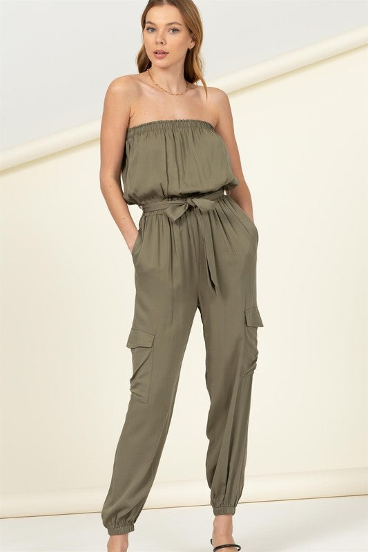 Flap Pocket Side Belted Tube Jumpsuit - Jake J Shop