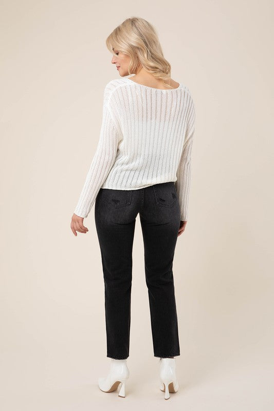 Variegated rib V neck sweater