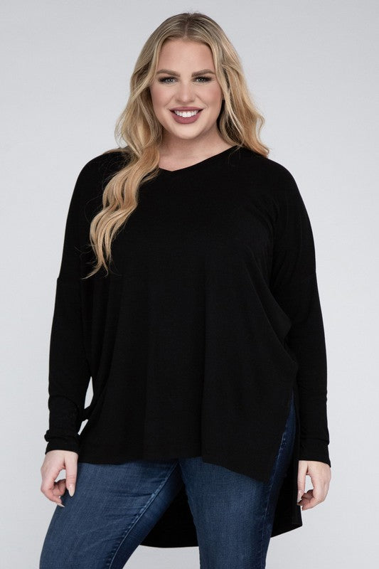 Plus Dolman Sleeve V-Neck Side Slit Hi-Low Hem Top