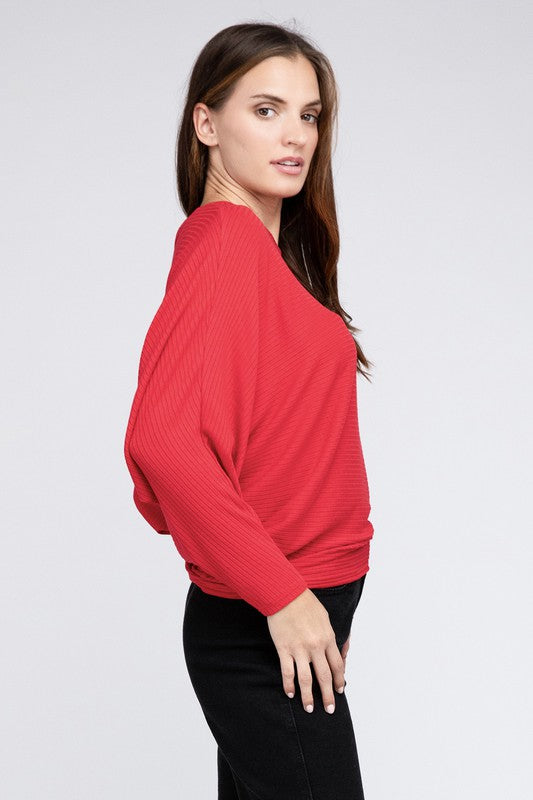 Ribbed Batwing Long Sleeve Boat Neck Sweater