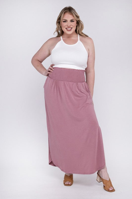 ZENANA Summer Women Plus Size Maxi Skirt w/ Pockets Smocked Waist Side Slit