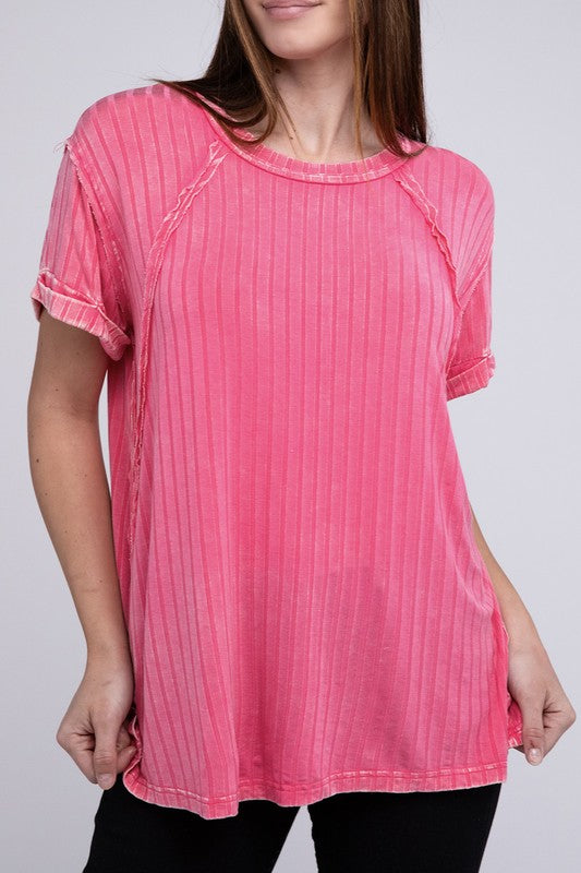 Ribbed Raglan Dolman Sleeve Boat-Neck Top