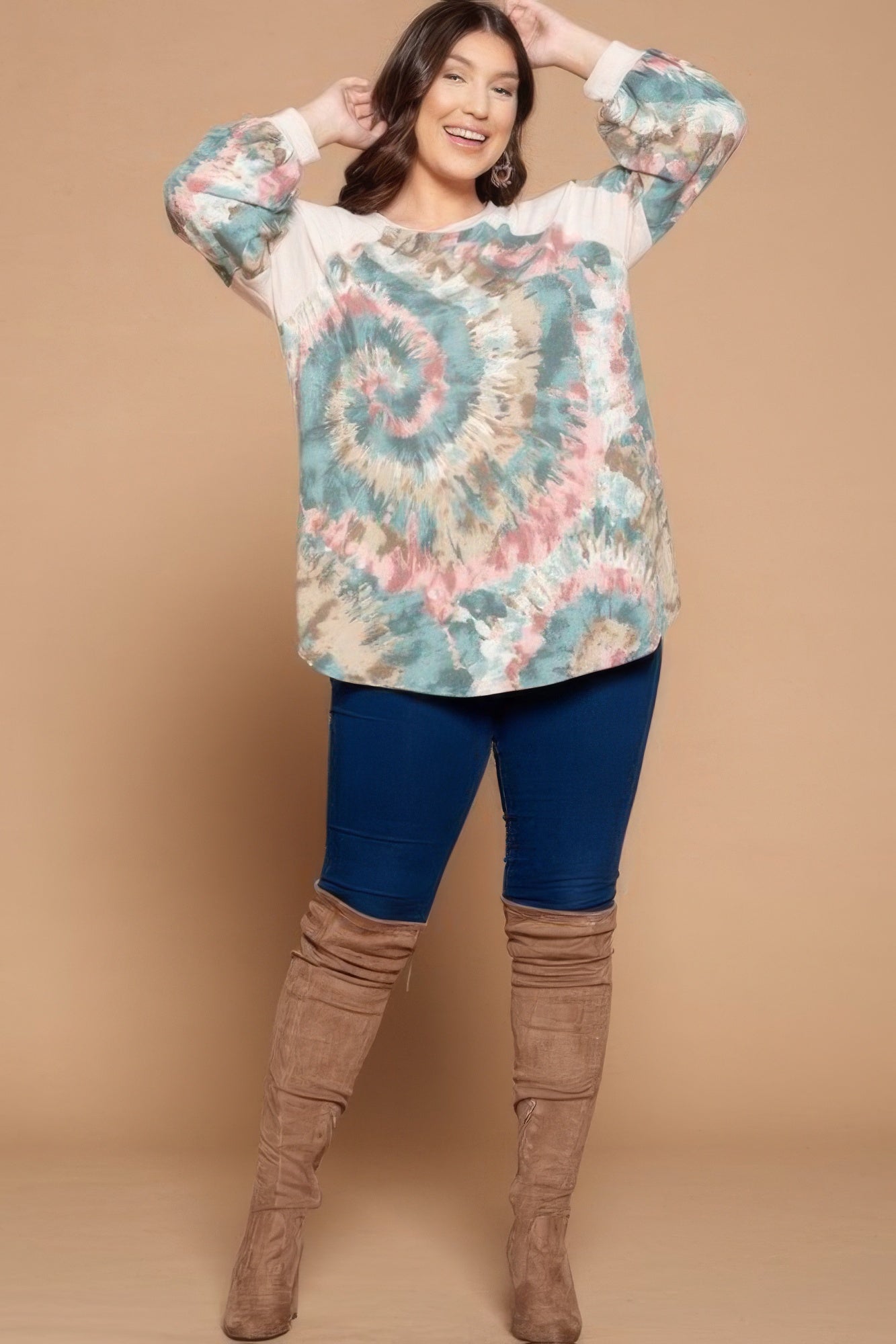 Plus Size Tie Dye French Terry Print Balloon Sleeve Top