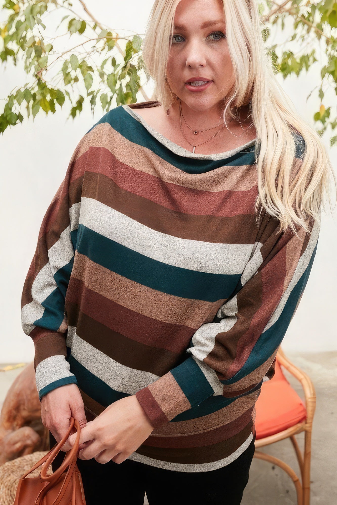 Boat Neck Long Bubble Sleeve Multi Stripe Print Knit Top