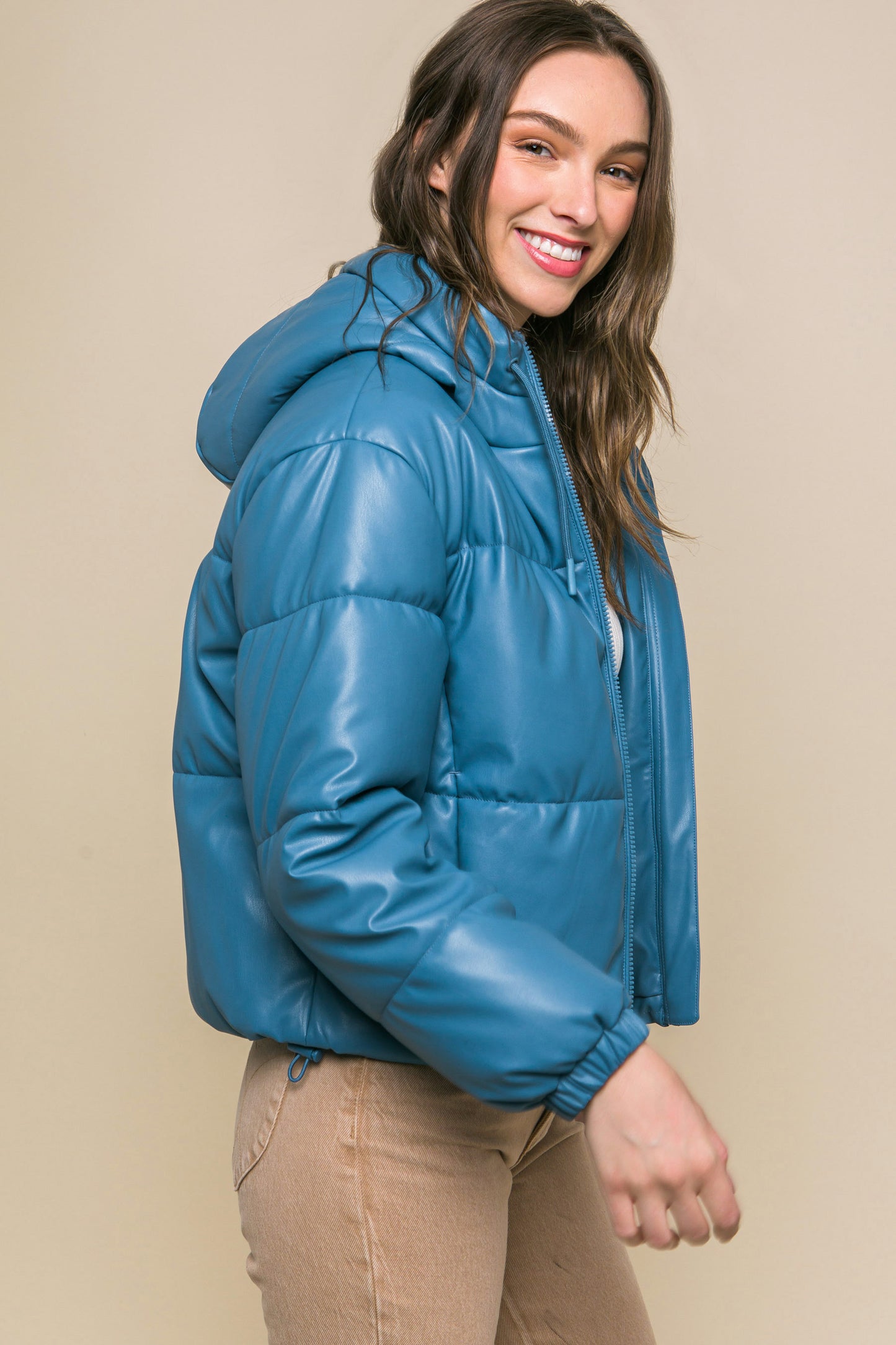 Pu Faux Leather Zipper Hooded Puffer Jacket