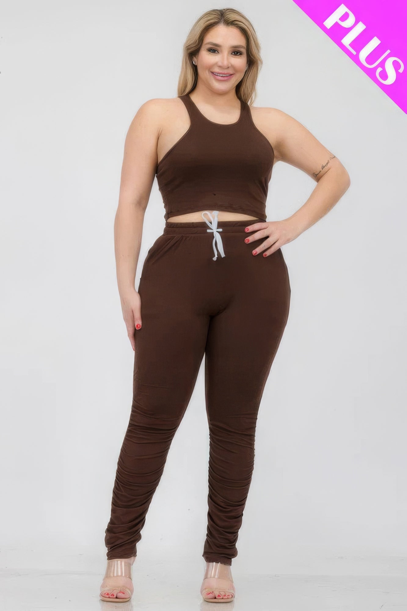 Plus Size Crop Tank Top & Ruched Pants Set