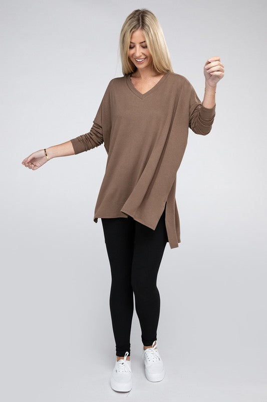 Dolman Long Sleeve V-Neck Side Slit Hi-Low Hem Top