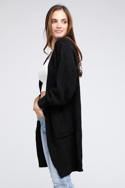 Twist Knitted Open Front Cardigan With Pockets