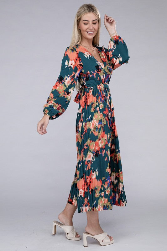 Floral Satin Pleated Maxi Dress - Jake J Shop