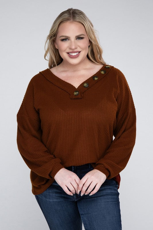 Plus Brushed Waffle V-Neck Button Detail Sweater