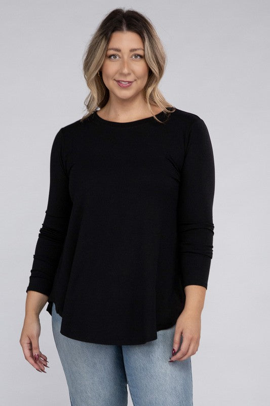 Plus Long Sleeve Round Neck Round Hem Top