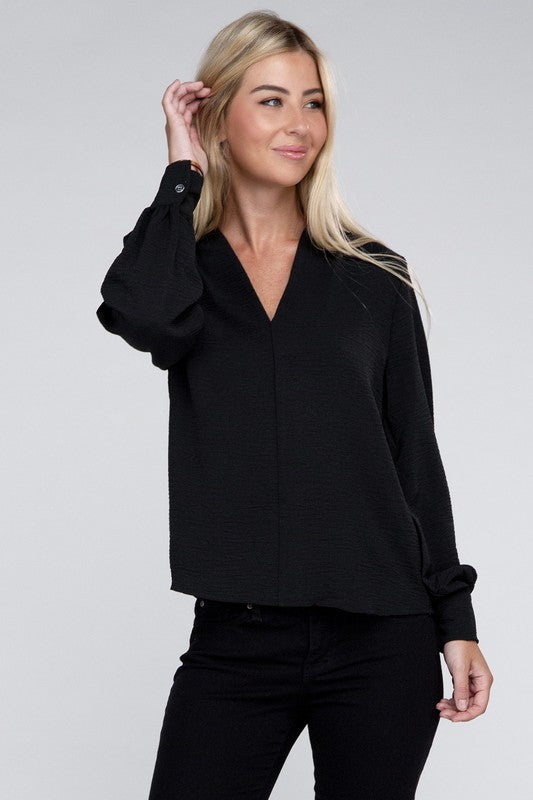 Woven Airflow V-Neck Long Sleeve Top