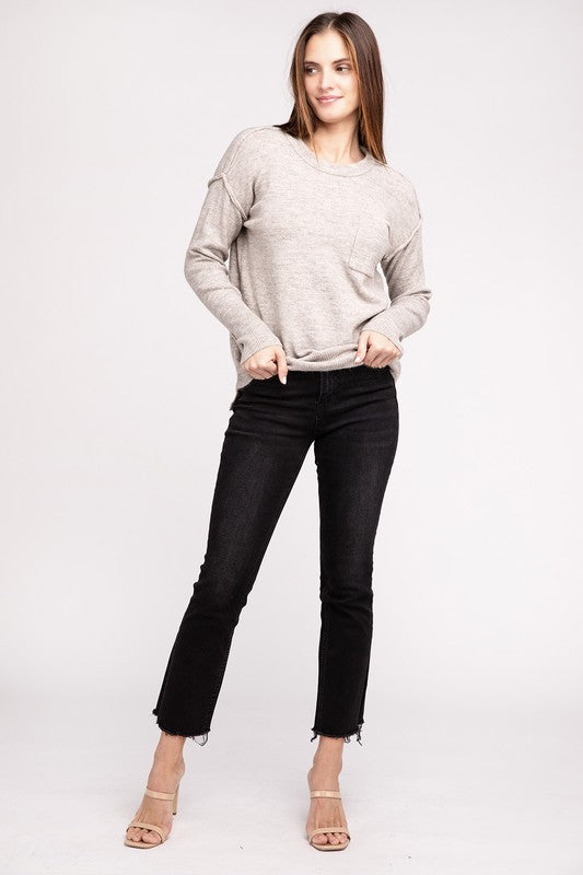 Melange Hi-Low Hem Round Neck Sweater