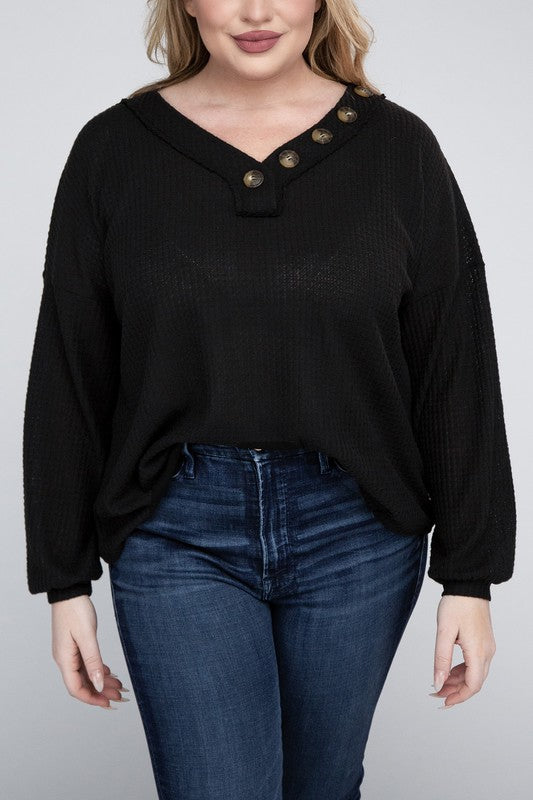 Plus Brushed Waffle V-Neck Button Detail Sweater