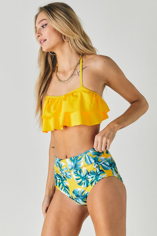 Solid Ruffle Top And Printed Bottom Swimsuit - Jake J Shop