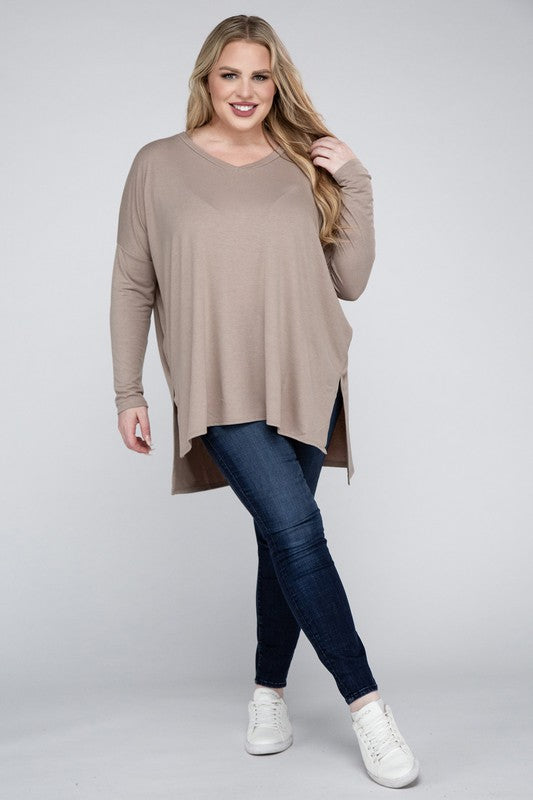 Plus Dolman Sleeve V-Neck Side Slit Hi-Low Hem Top