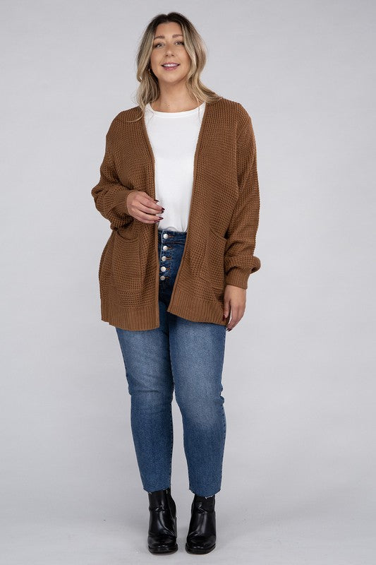 Plus Low Gauge Waffle Open Cardigan Sweater