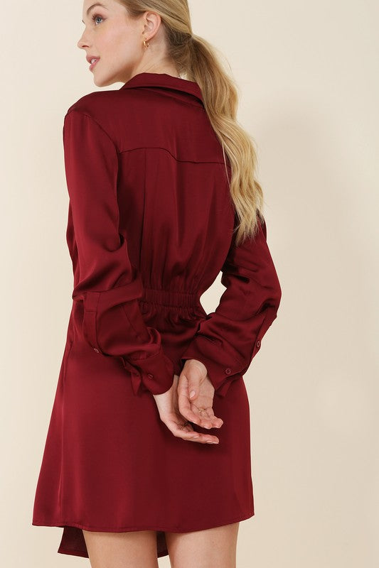 Satin collared wrap mini dress - Jake J Shop