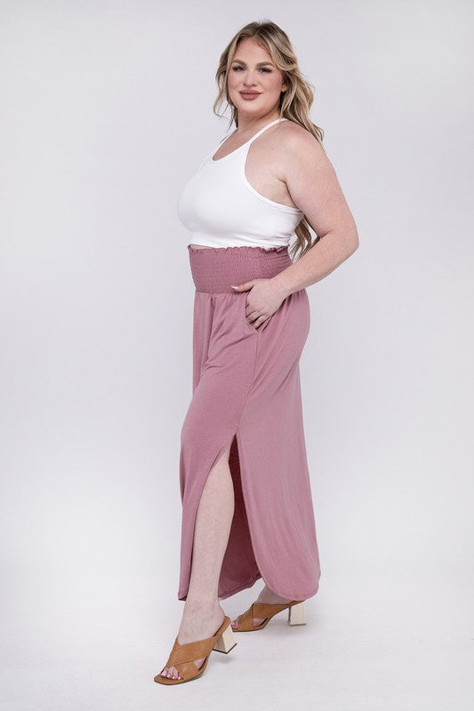 ZENANA Summer Women Plus Size Maxi Skirt w/ Pockets Smocked Waist Side Slit